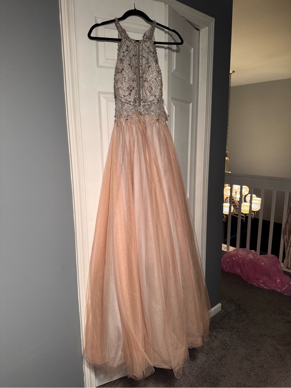 Terani Couture Silver Beaded Halter Gown with Blush Tulle Skirt